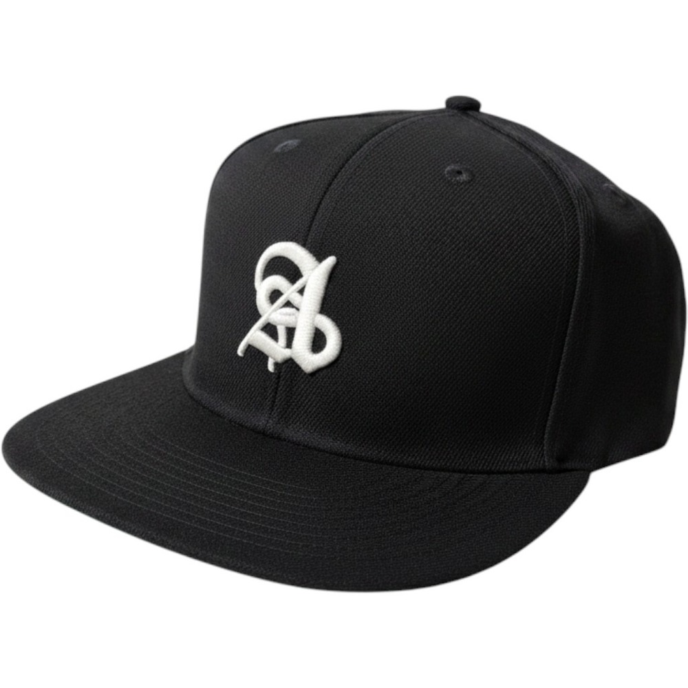 Ananke Black Snapback Hat White Embroidered Logo Gothic Script Flat Brim Cap